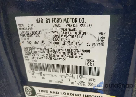 2011 Ford F-150 Xlt из США, поврежденный, VIN 1FTFW1EFXBKD22101